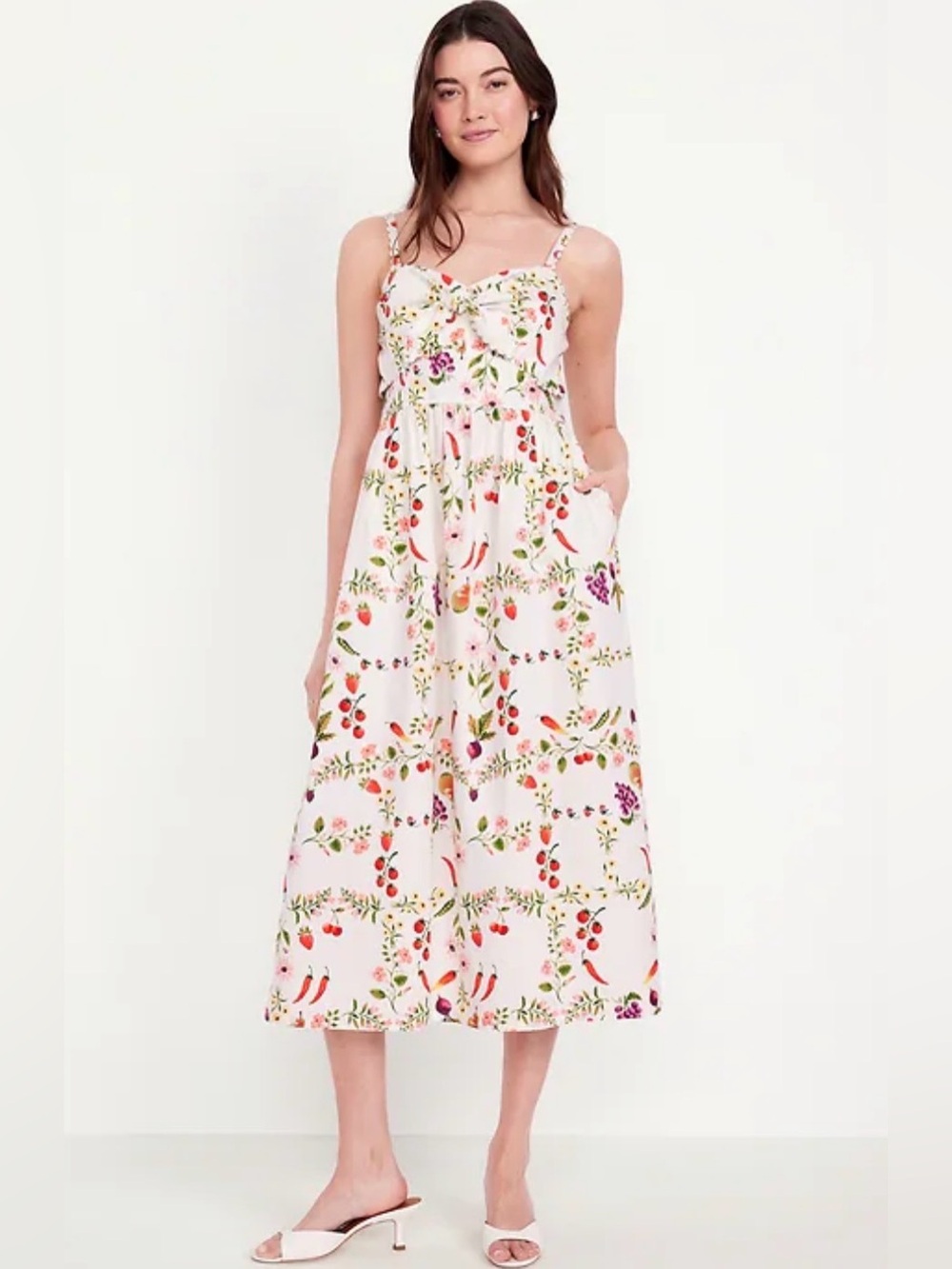 Old Navy Fit & Flare Tie Front Midi Dress Large White Fruit Print Pockets Sweet